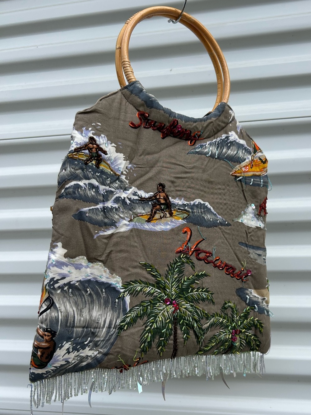 Hawaiian Surf Print Beaded Fringe Tote Bag - Taupe Rayon, Wood Handles